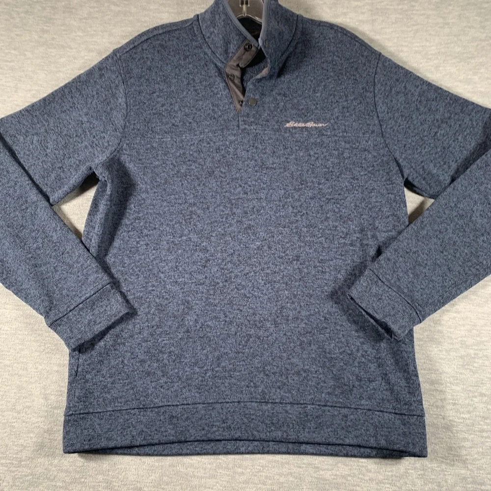 Eddie Bauer Sweater Mens Large Blue 1/4 Snap Mock‎ Neck Knit Pullover Casual